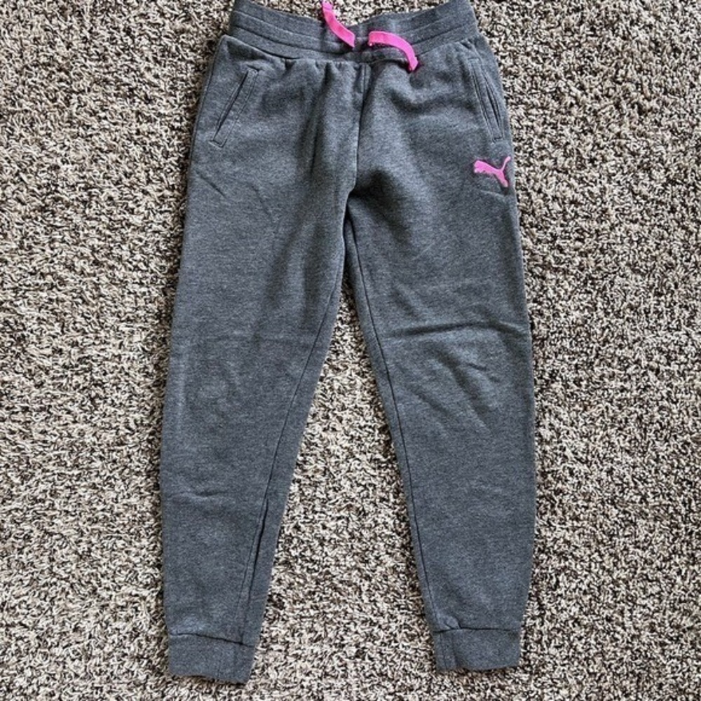 Puma Girls Joggers Gray Pink Fleece Sweatpants Size L 14/16 1535918
